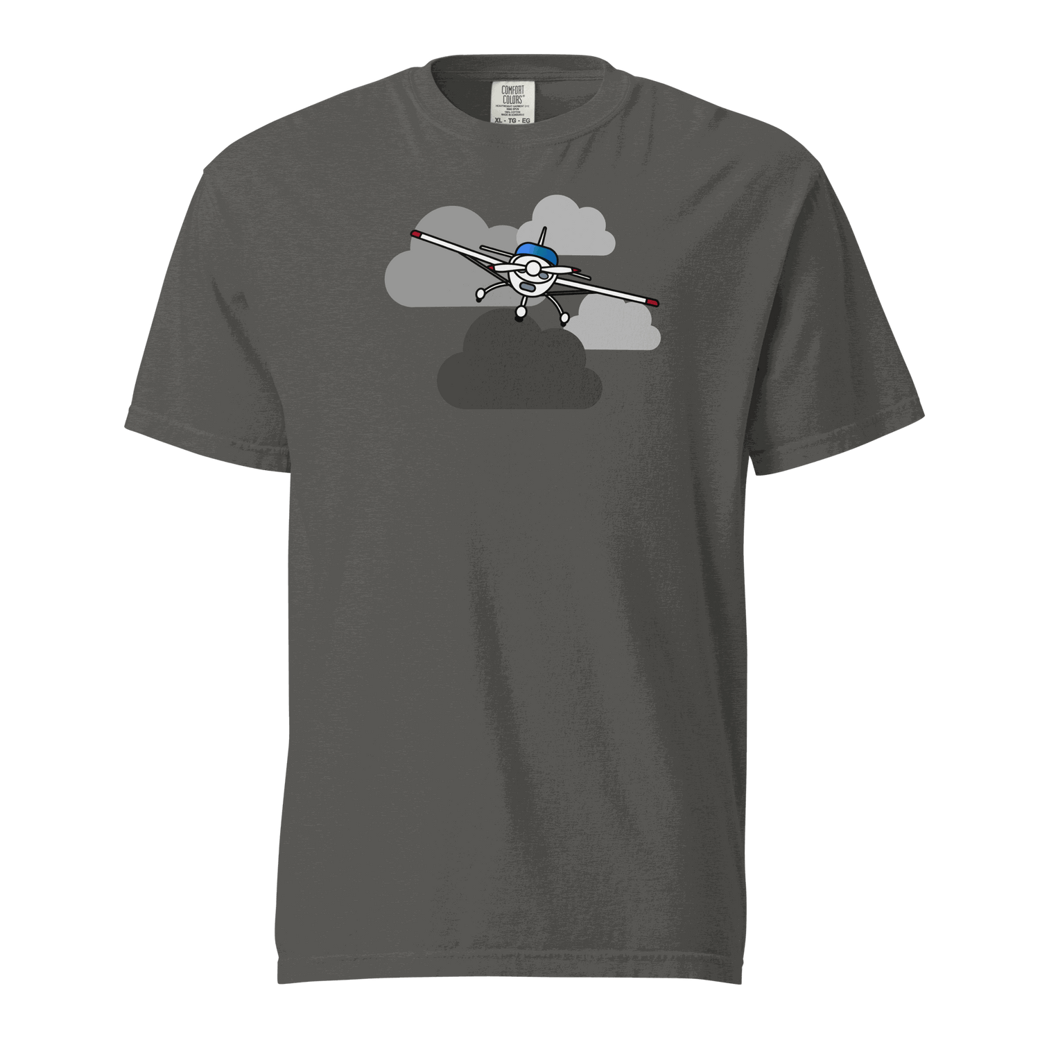Unisex vintage airplane t-shirt with prop plane graphic in clouds on charcoal fabric