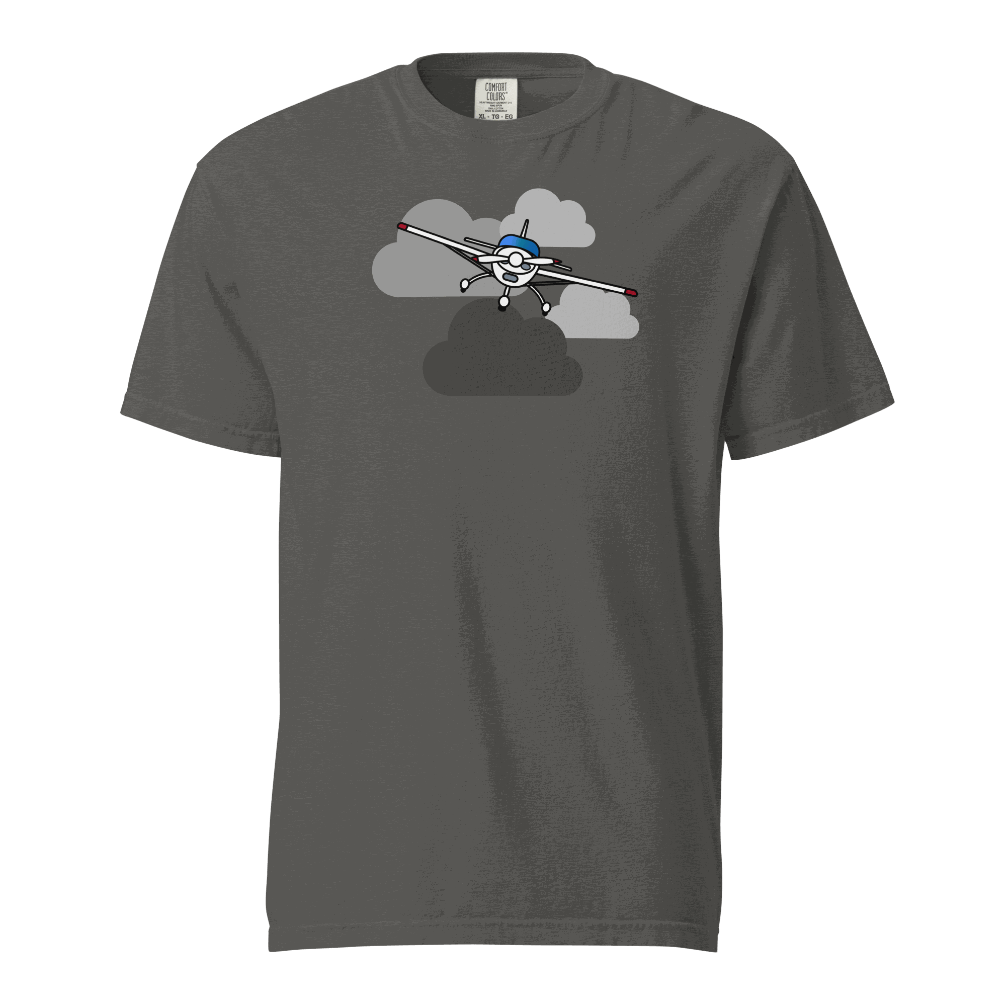 Unisex vintage airplane t-shirt with prop plane graphic in clouds on charcoal fabric
