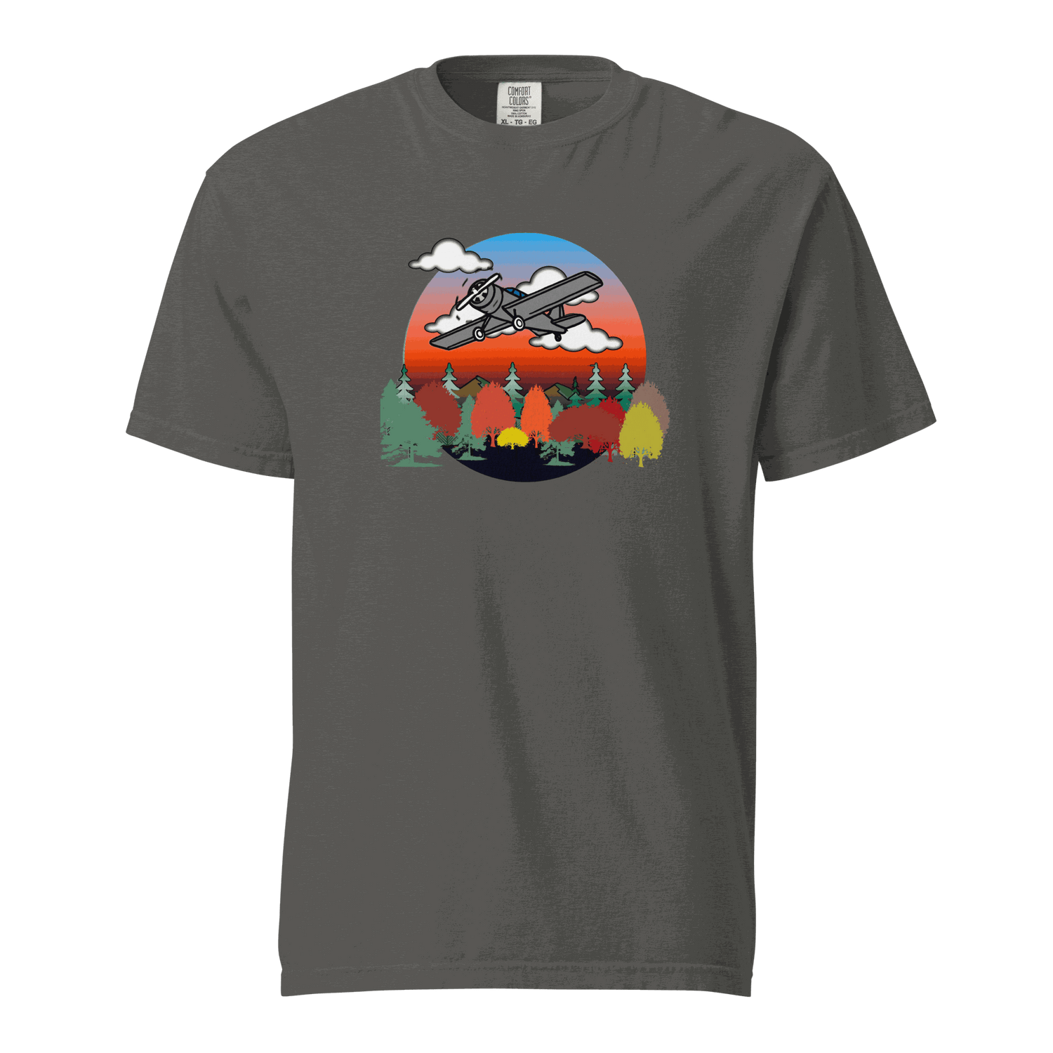 Unisex grey plane t-shirt with fall forest and sunset design on front made of heavyweight cotton