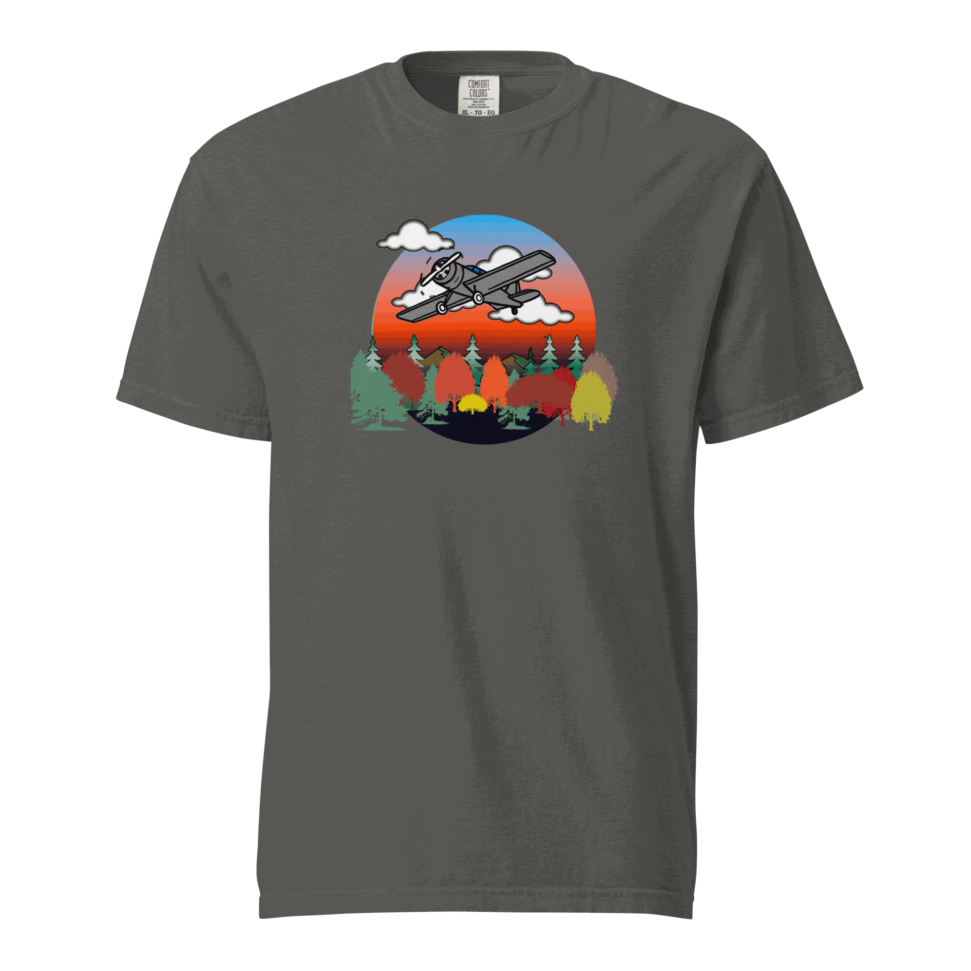 Unisex grey plane t-shirt with fall forest and sunset design on front made of heavyweight cotton