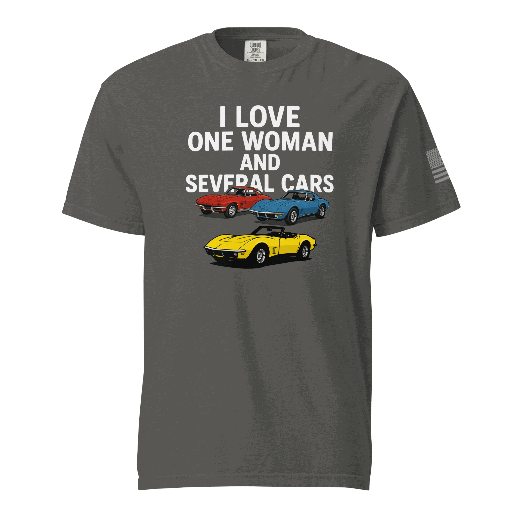 Funny t-shirt with "I love one woman and several cars" text and colorful car illustrations on a gray cotton tee