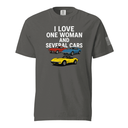 Black funny t-shirt with white text "Love One Woman Several Cars" for car enthusiasts
