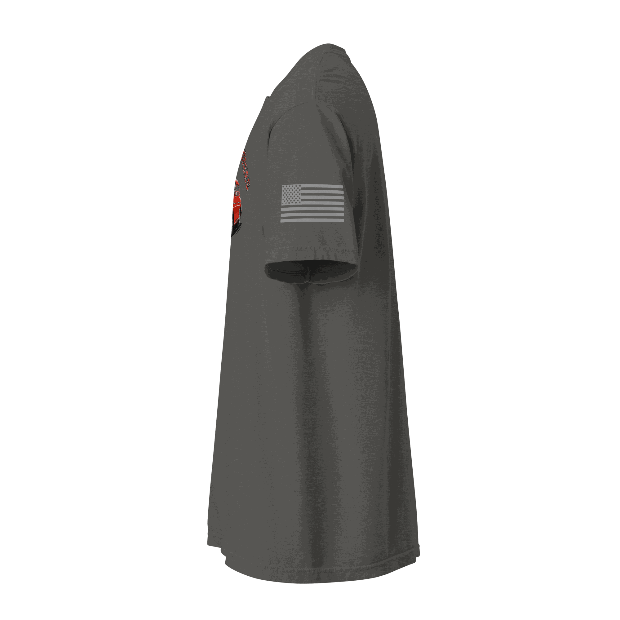 Side view of gray Varsity Sports Car heavyweight cotton t-shirt with American flag on sleeve and red car graphic on front