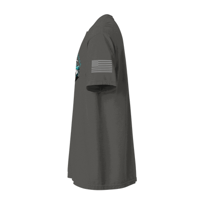 Side view of Classic T-Shirt in dark color with American flag on sleeve made of soft cotton