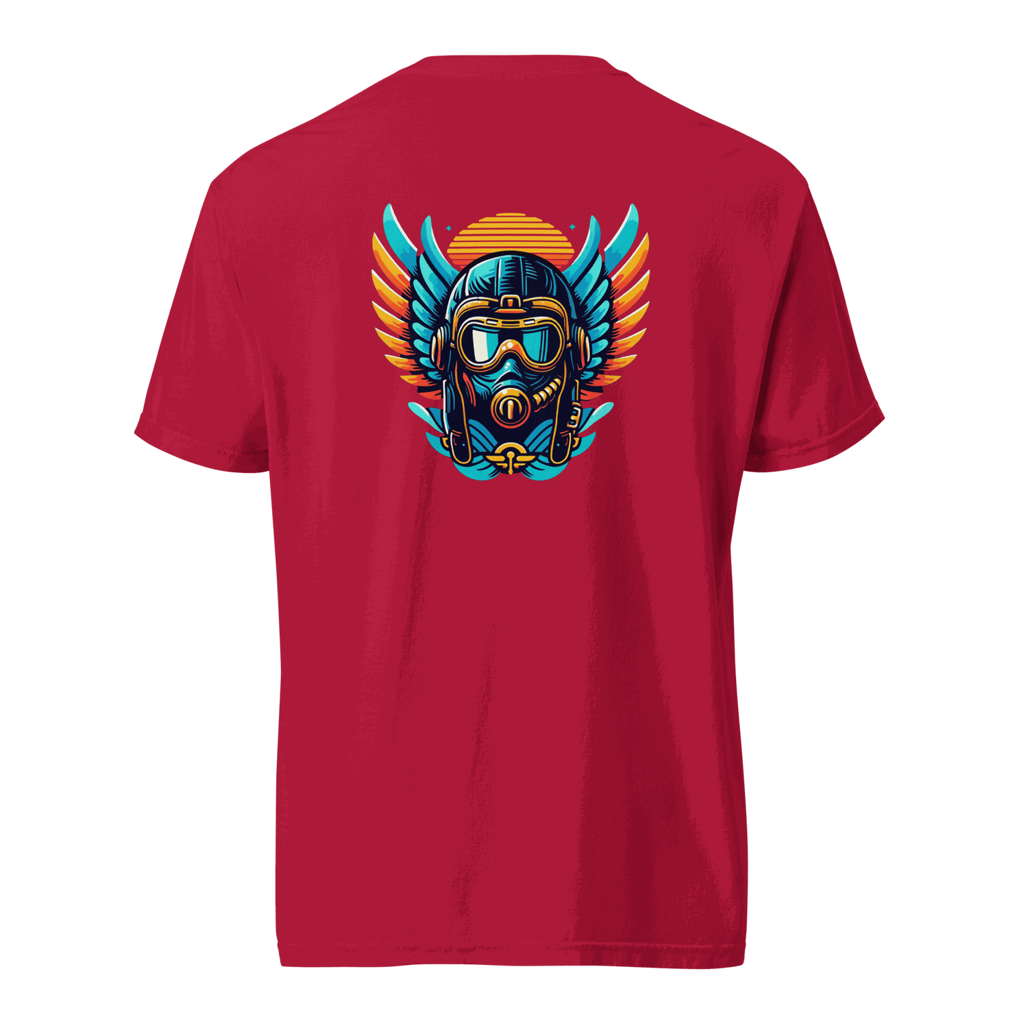 Red t-shirt with blue and orange flight helmet graphic on the back