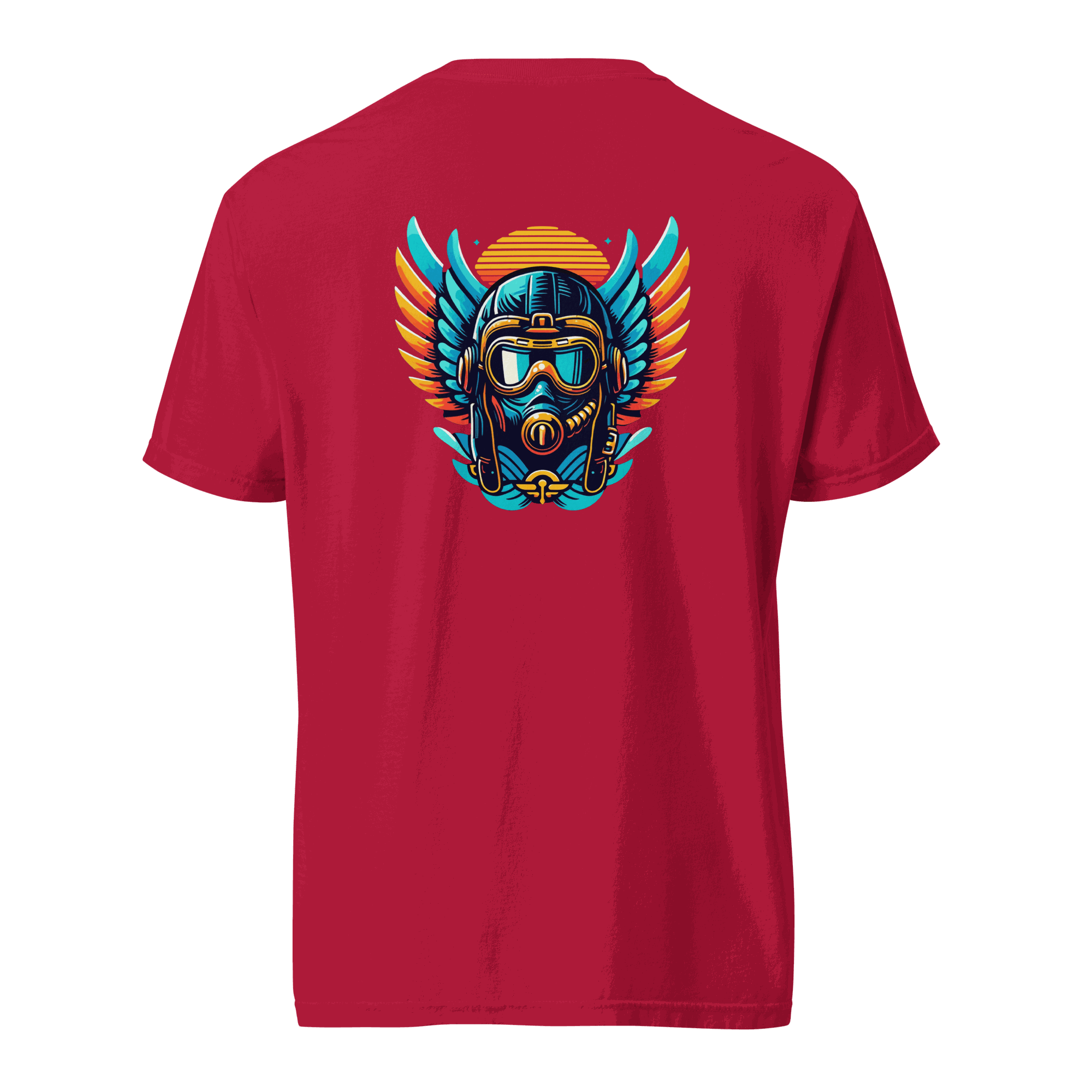 Red t-shirt with blue and orange flight helmet graphic on the back