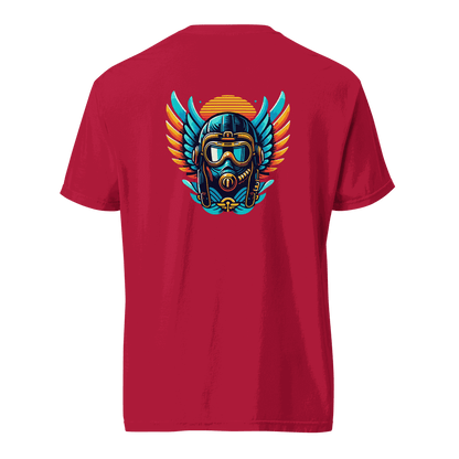 Red t-shirt with blue and orange flight helmet graphic on the back