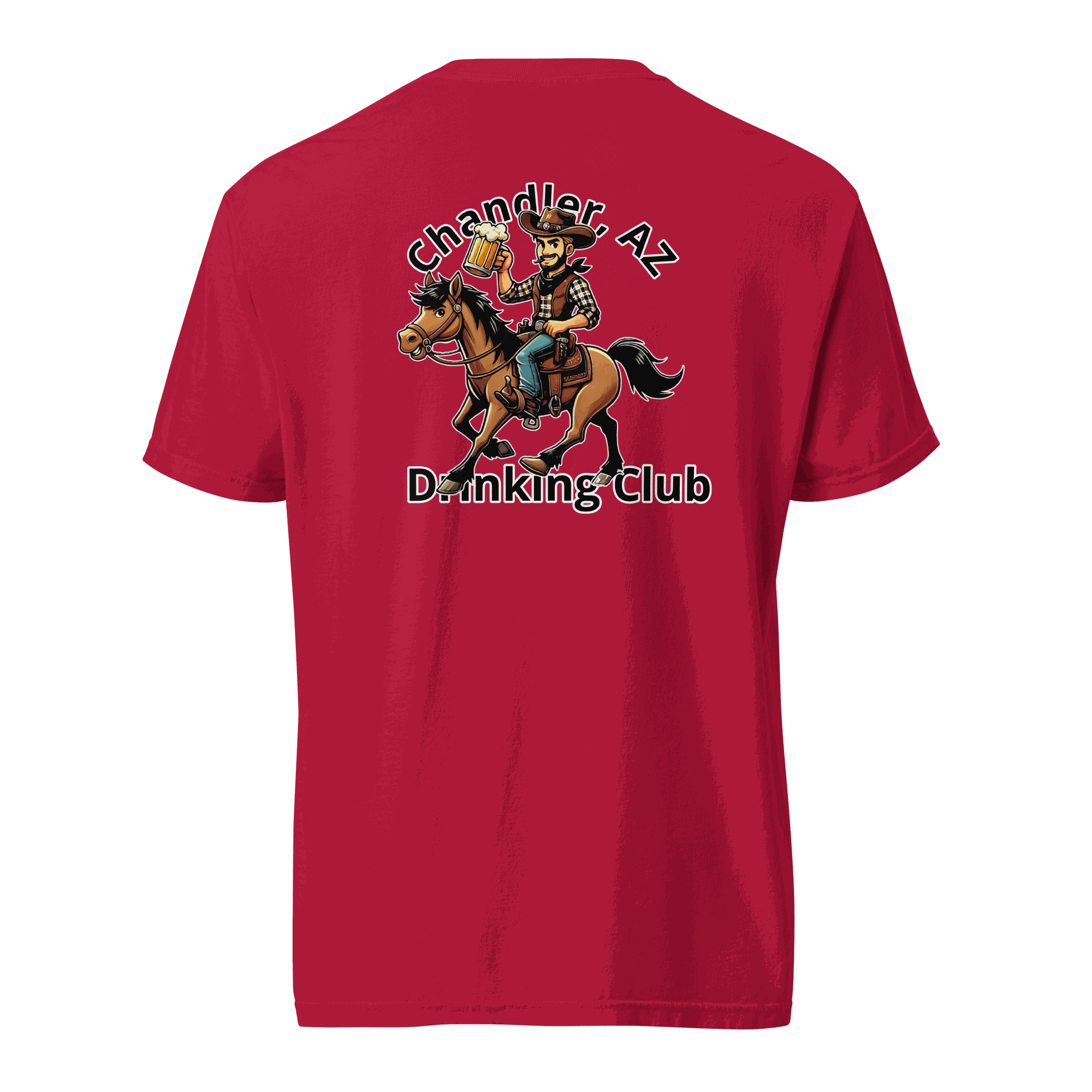 Red heavyweight unisex t-shirt with Custom City Cowboy Horse Beer graphic of cowboy on horse holding beer mug and text Chandler AZ Drinking Club.