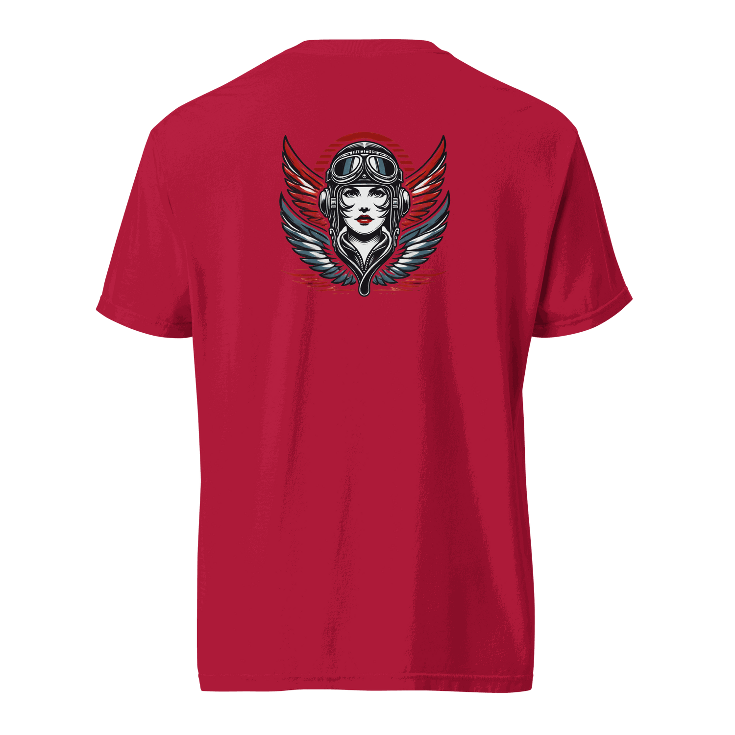 Red unisex heavyweight t-shirt with female wings helmet graphic on back, 100% ring-spun cotton, breathable and durable