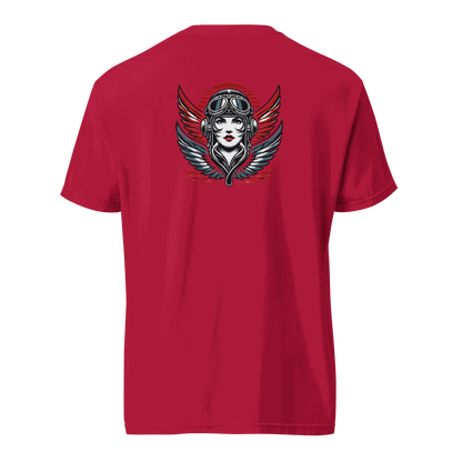 Red unisex heavyweight t-shirt with female wings helmet graphic on back, 100% ring-spun cotton, breathable and durable