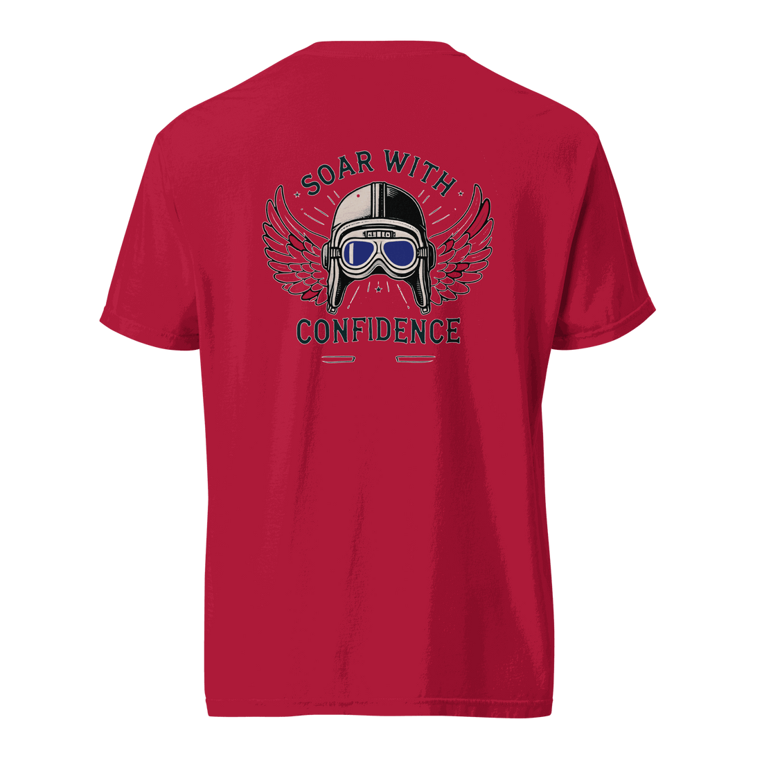 Red Flying machine t shirt with blue goggles and wings graphic and &quot;Soar with Confidence&quot; text on back