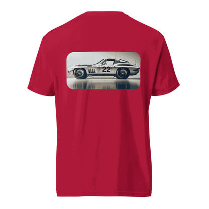 Red Heritage Classic Car t-shirt with vintage race car graphic on the back, made of 100% ring-spun cotton, unisex fit.
