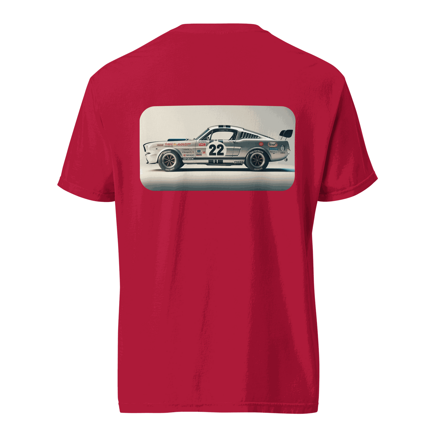 Red Heritage Mustang Back T-shirt with vintage race car graphic on the back