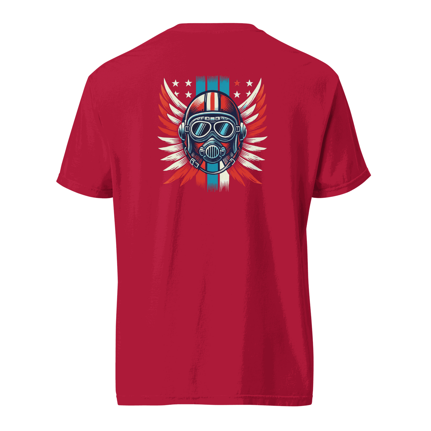 Red t-shirt with red white blue helmet and wings graphic on back, 100% cotton breathable fabric