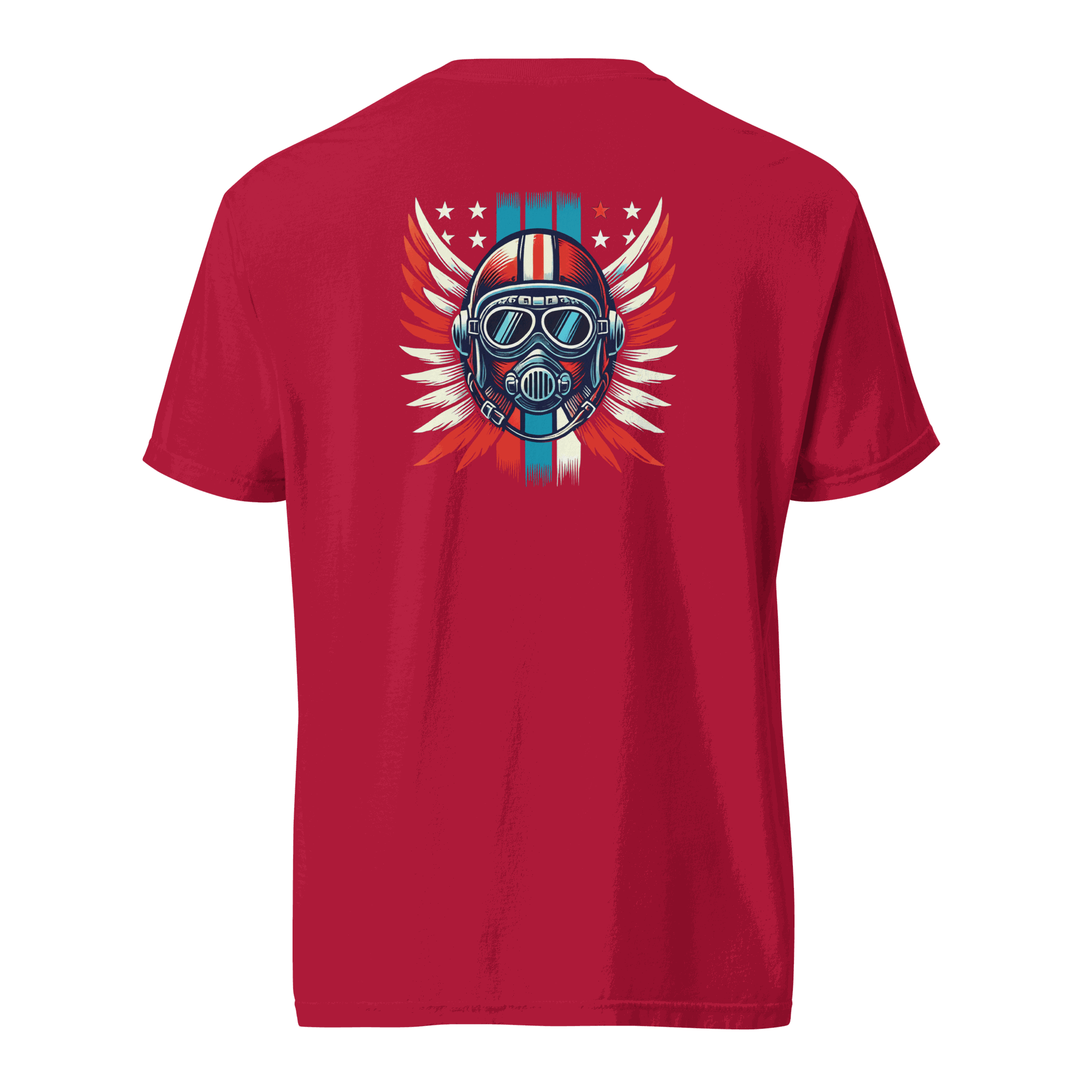 Red t-shirt with red white blue helmet and wings graphic on back, 100% cotton breathable fabric