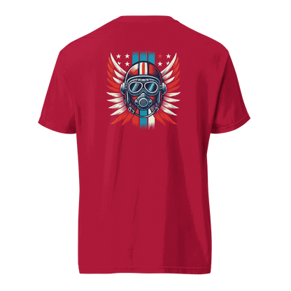 Red t-shirt with red white blue helmet and wings graphic on back, 100% cotton breathable fabric