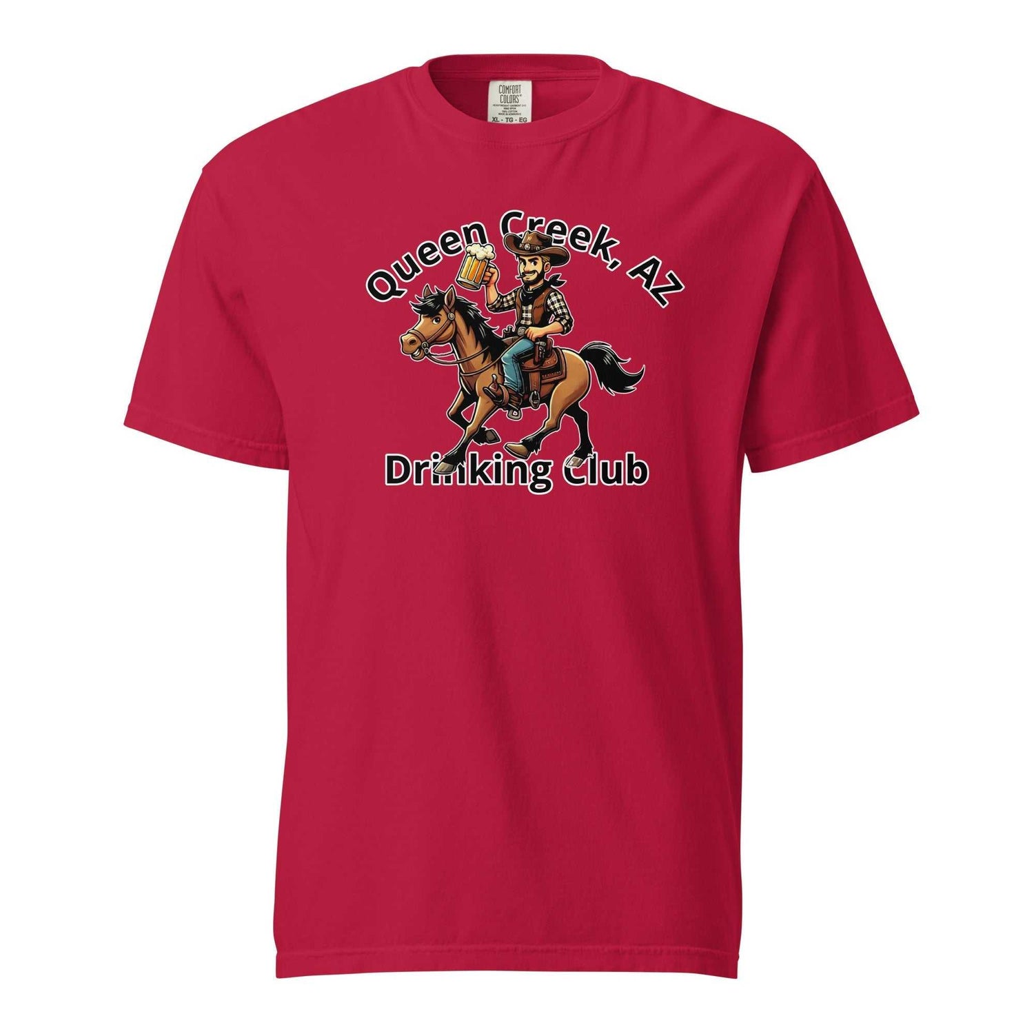 Queen Creek AZ Cowboy Drinking Club red heavyweight cotton t-shirt with cowboy and horse graphic