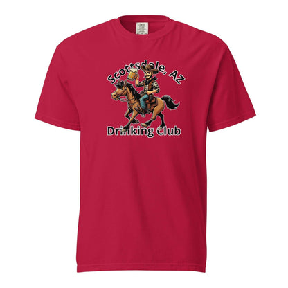 Red Scottsdale Cowboy Horse Beer heavyweight unisex t-shirt with cowboy riding horse graphic and text