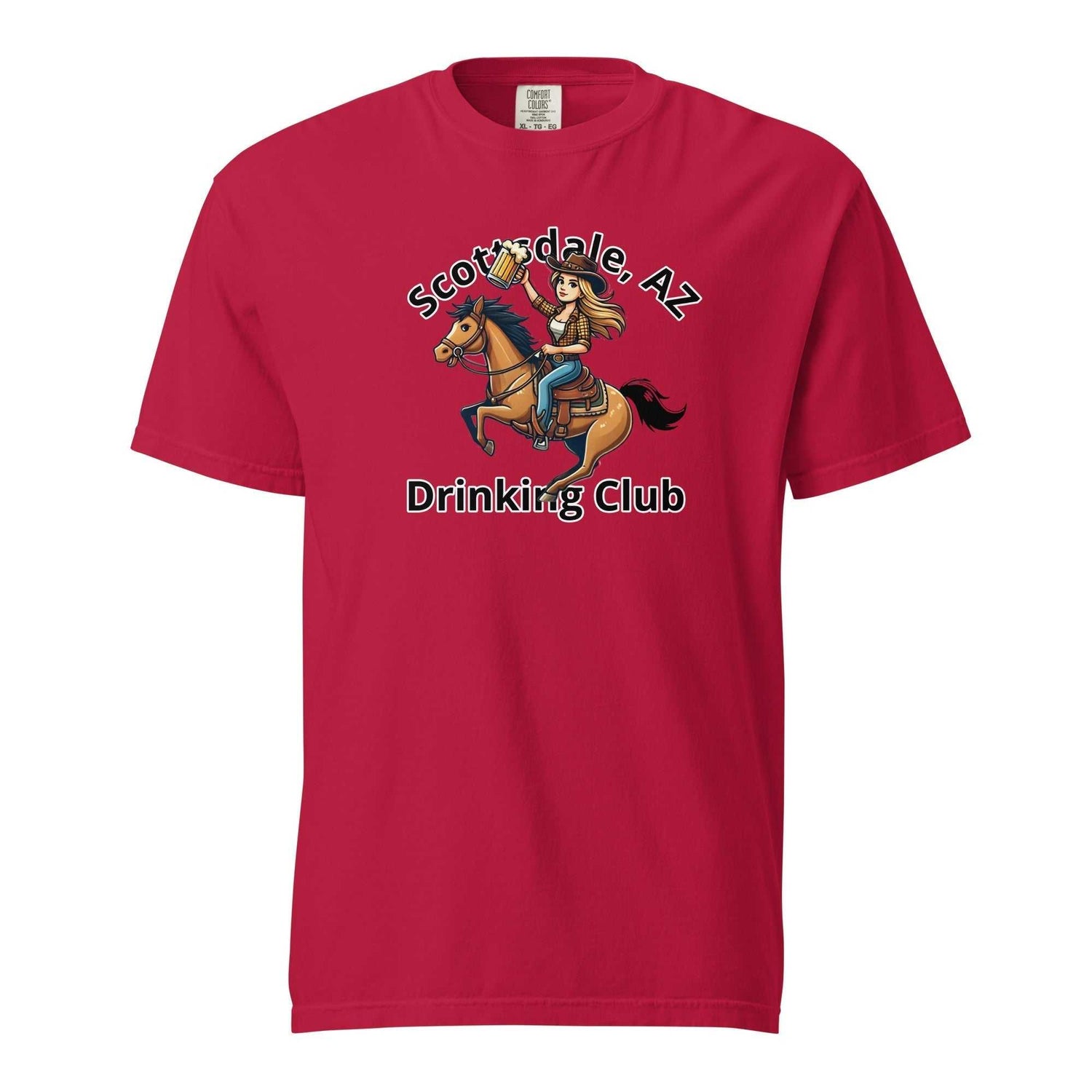 Red Scottsdale Cowgirl Horse Beer unisex heavyweight t-shirt with cowgirl riding horse graphic