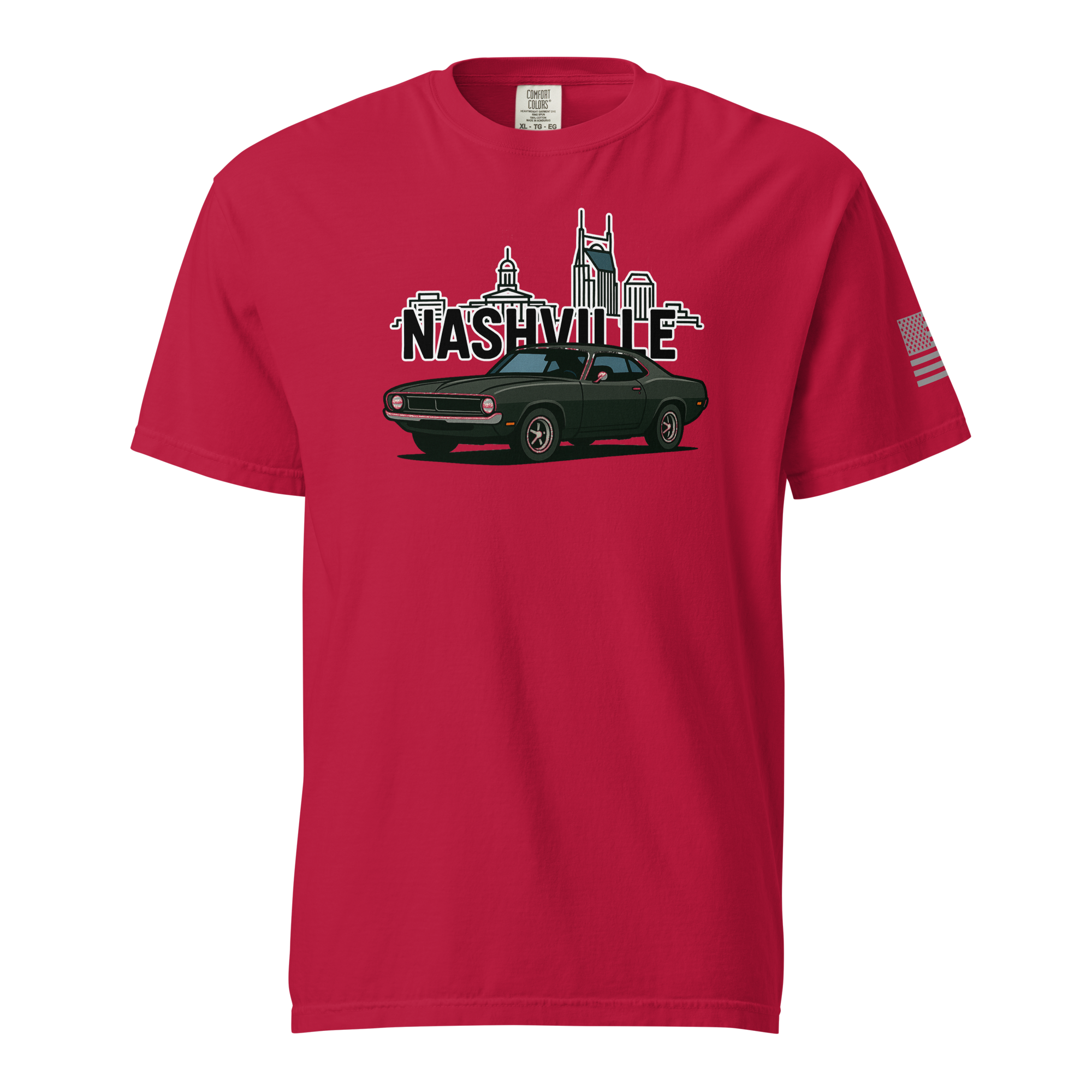 Nashville classic car t-shirt featuring a black car and Nashville skyline on a red background.