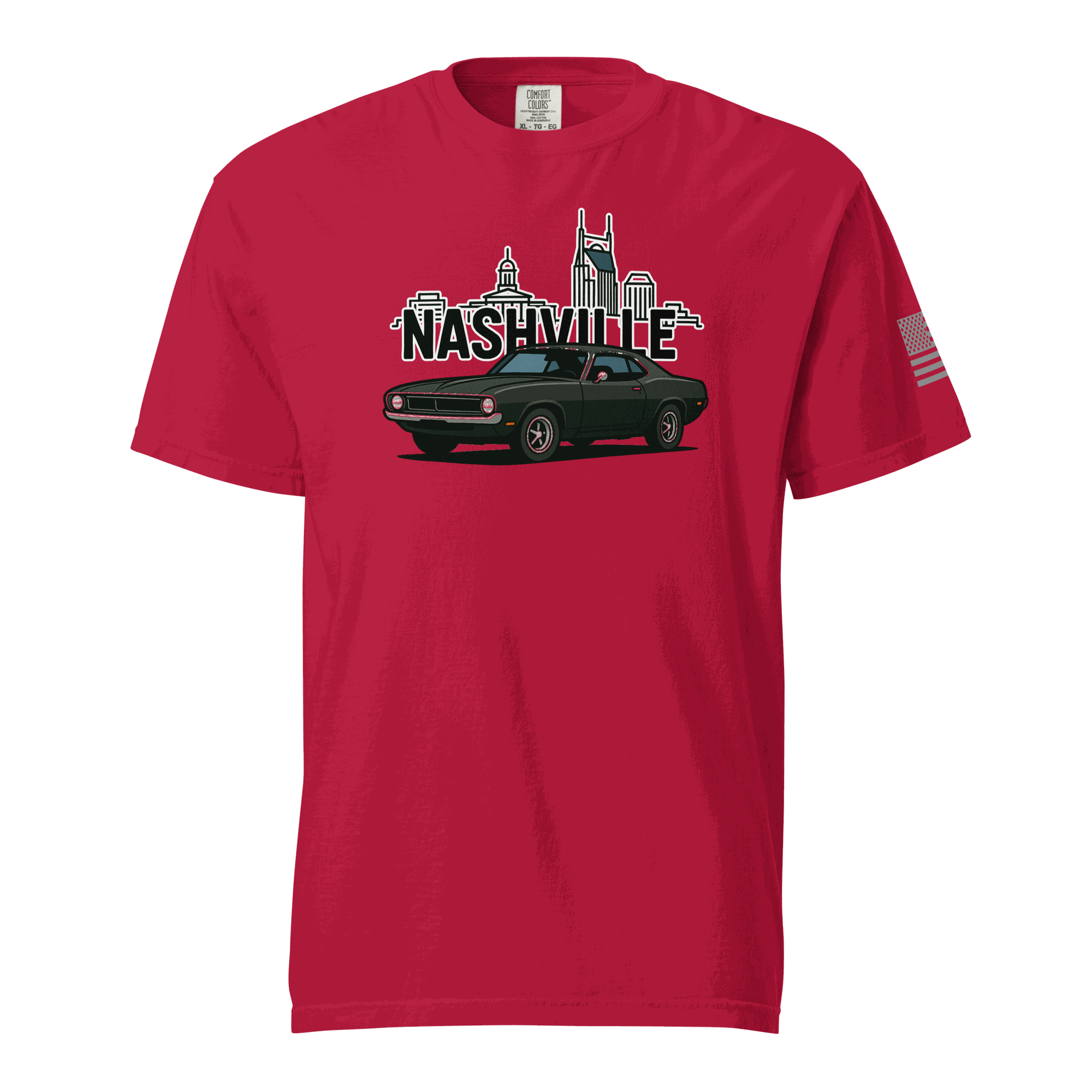 Nashville classic car t-shirt featuring a black car and Nashville skyline on a red background.