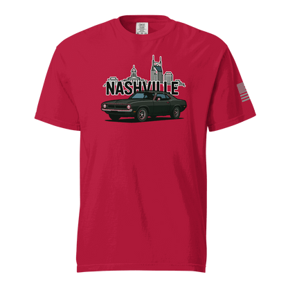 Nashville classic car t-shirt featuring a black car and Nashville skyline on a red background.