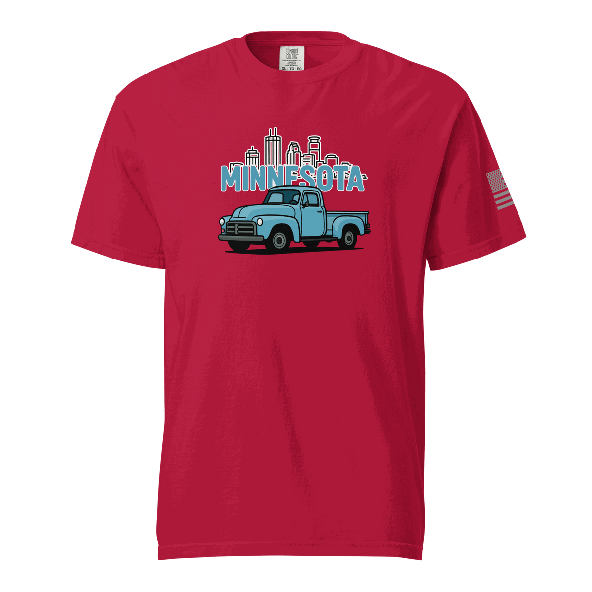 Red Minnesota classic truck t-shirt with vintage truck graphic and city skyline design