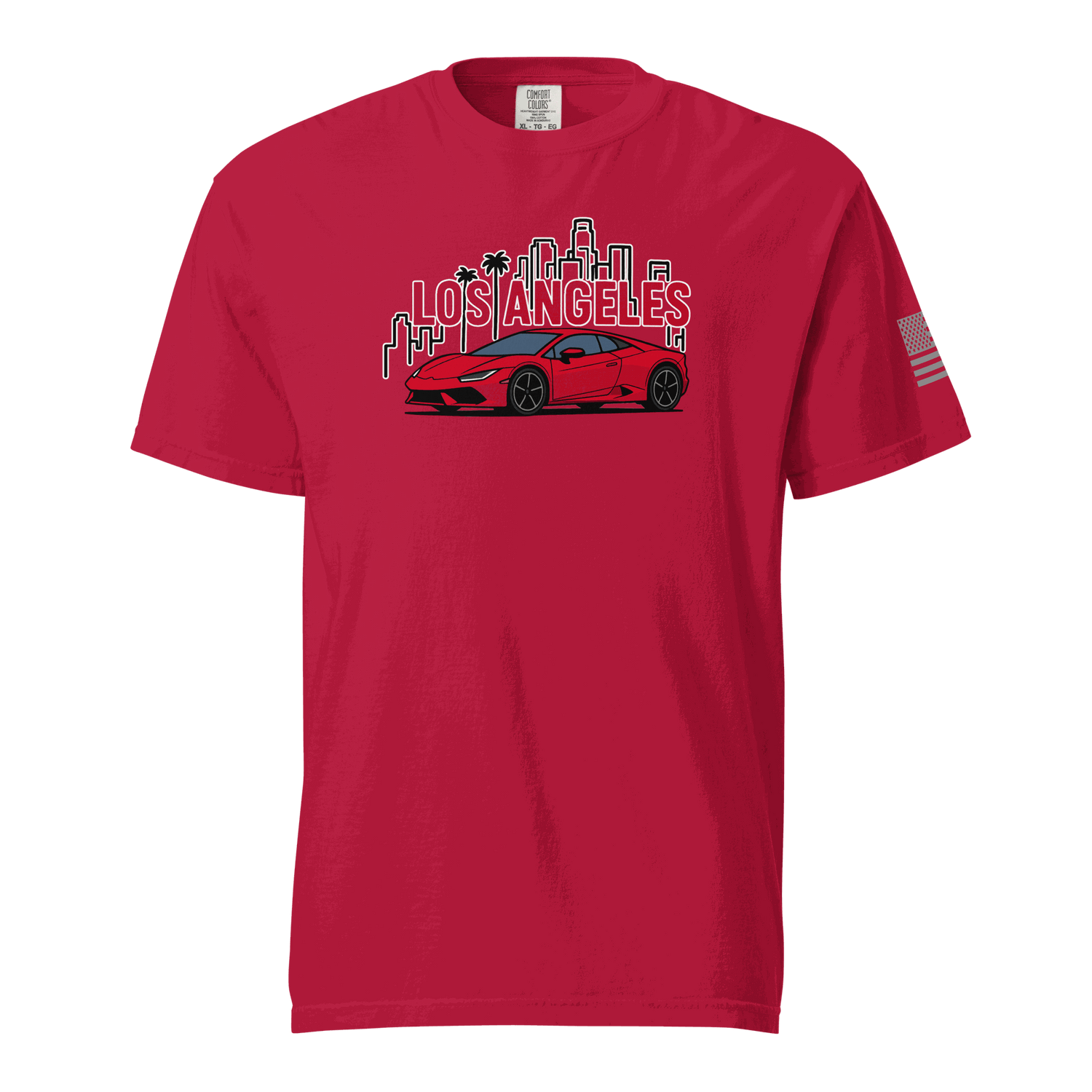 Red Los Angeles Tee with a red supercar and city skyline graphic on front and American flag on sleeve