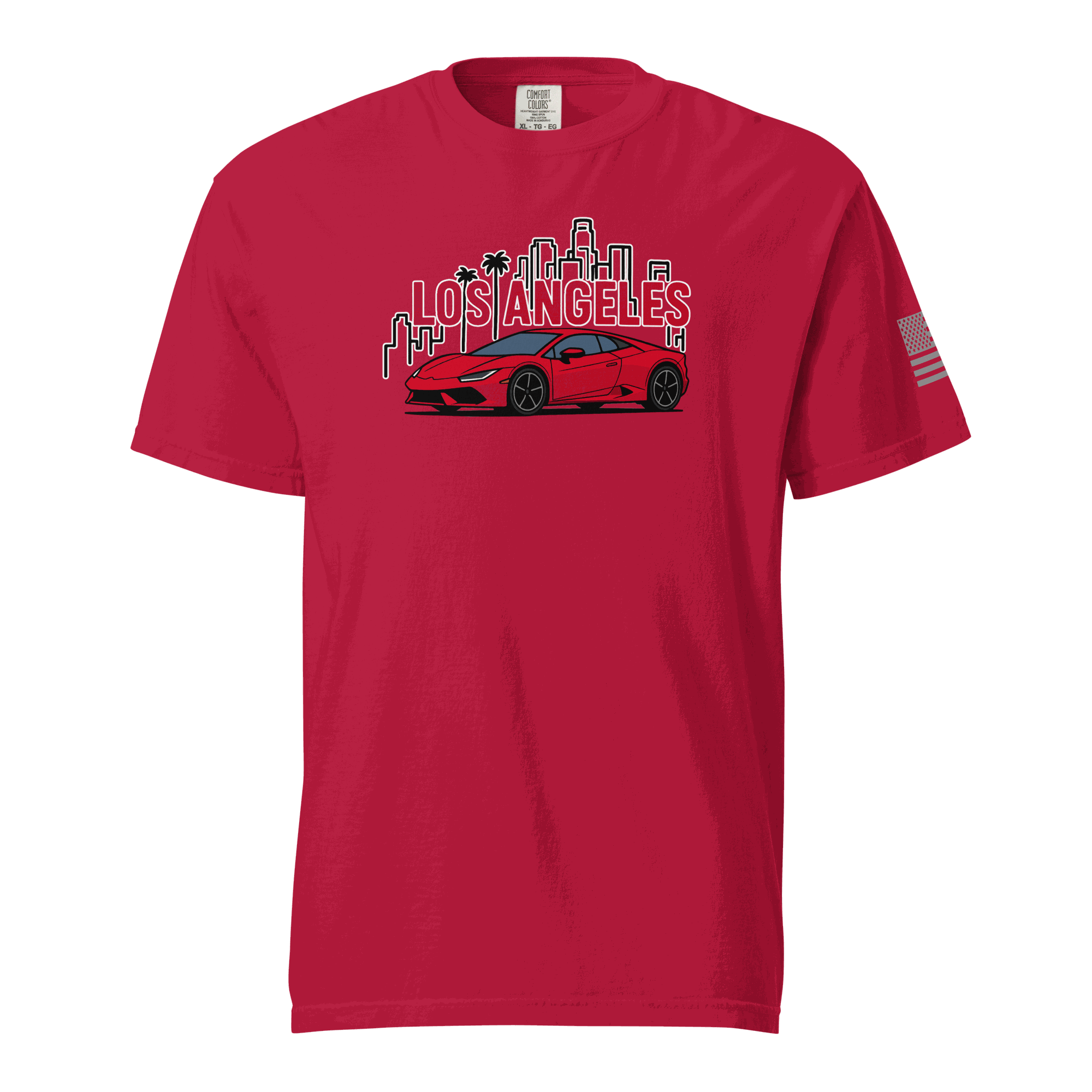 Red Los Angeles Tee with a red supercar and city skyline graphic on front and American flag on sleeve