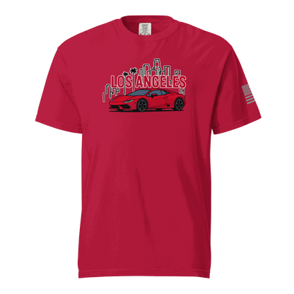 Red Los Angeles Tee with a red supercar and city skyline graphic on front and American flag on sleeve