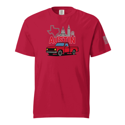 Red Austin Texas T shirts with retro truck and Austin skyline graphic for Keep Austin Weird fans