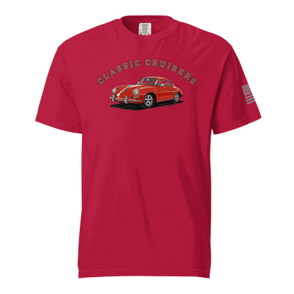 Red Varsity Sports Car t-shirt with classic cruisers graphic and American flag on sleeve, made of soft heavyweight cotton