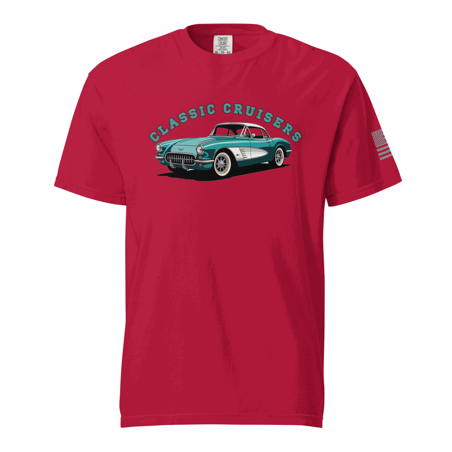 Red classic t-shirt with vintage car graphic and USA flag sleeve patch, soft cotton, unisex fit