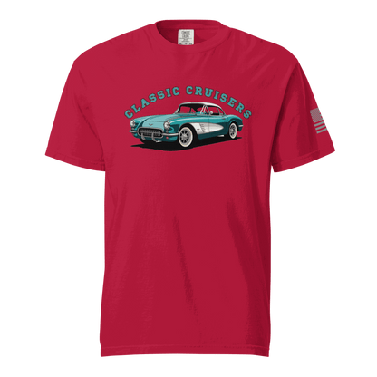 Red classic t-shirt with vintage car graphic and USA flag sleeve patch, soft cotton, unisex fit