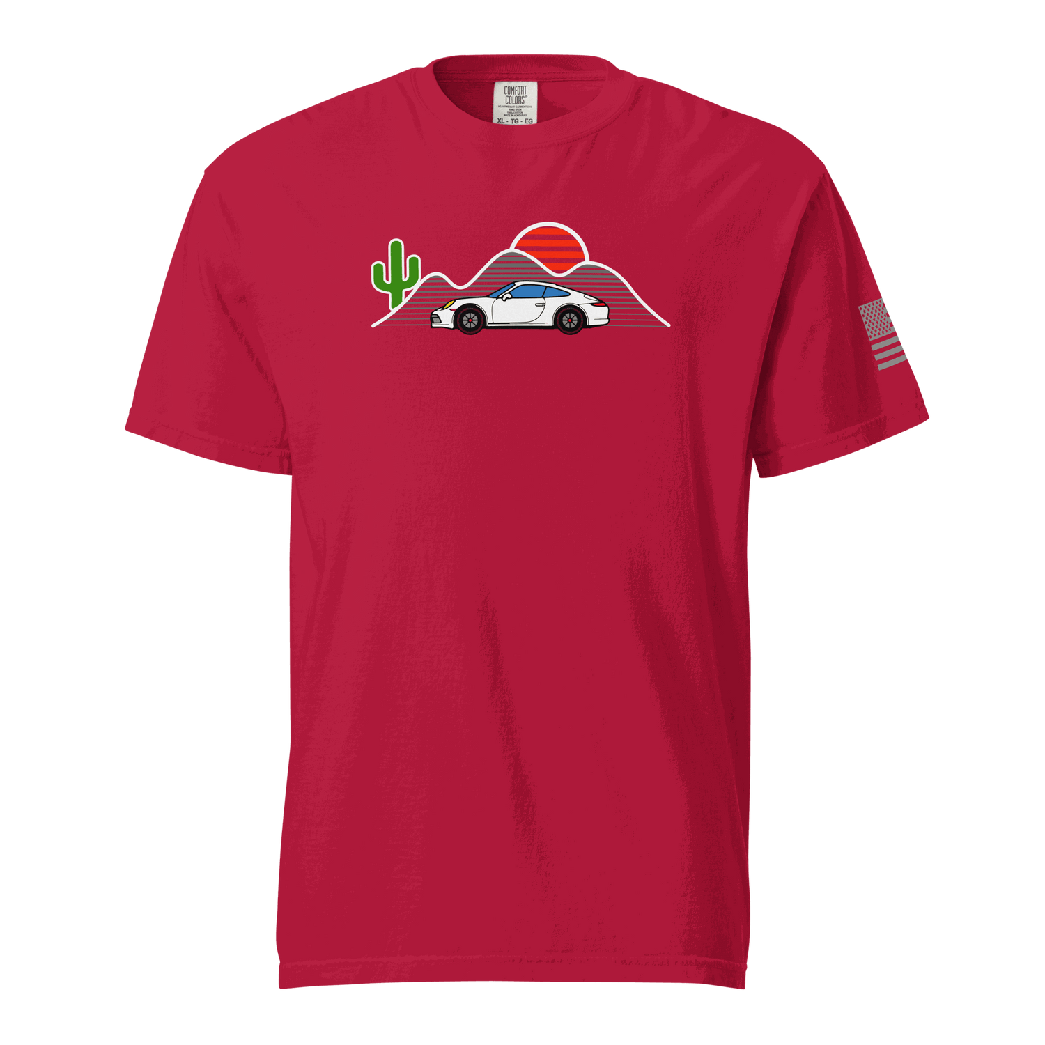 Red Sunset Sports Car T-Shirt with vintage sports car and desert sunset graphic on front and American flag on sleeve