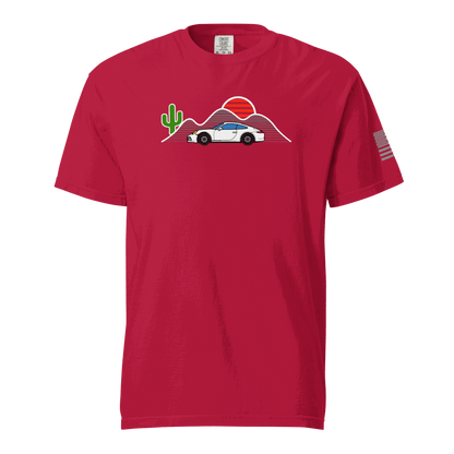 Red Sunset Sports Car T-Shirt with vintage sports car and desert sunset graphic on front and American flag on sleeve