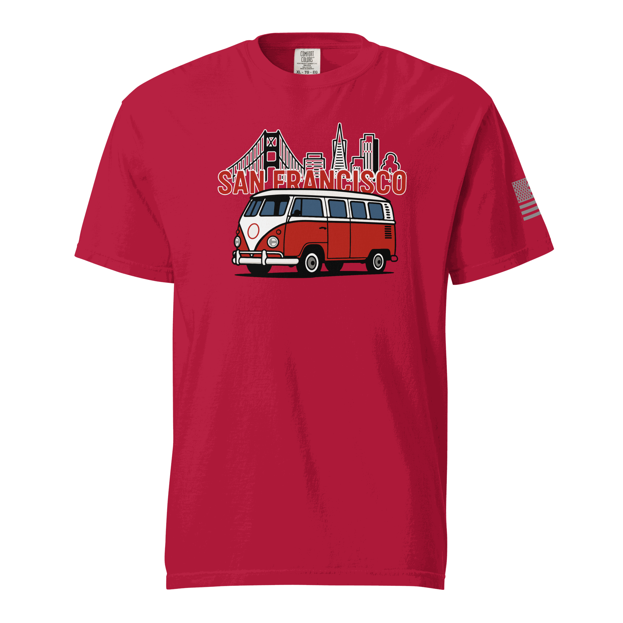 Vintage San Francisco red t-shirt with classic VW van and city skyline graphic