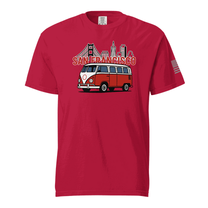 Vintage San Francisco red t-shirt with classic VW van and city skyline graphic