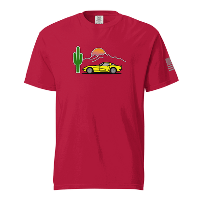Vintage T-Shirt Sunset T-Shirt with yellow corvette and mountain sunset