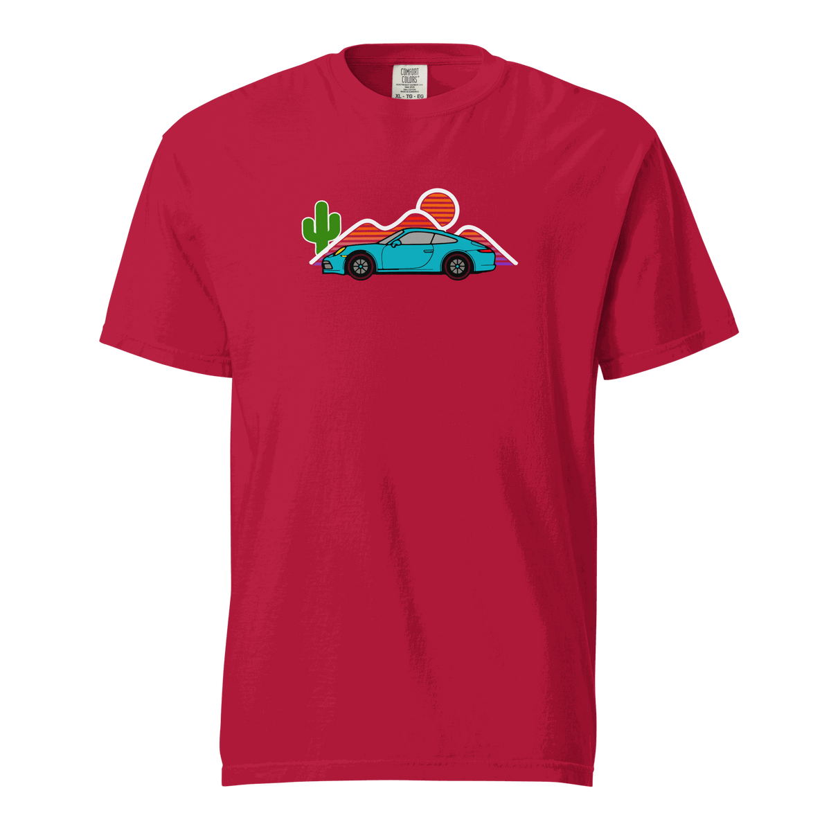 Sports car sunset t-shirt featuring a vintage sports car silhouette against a warm sunset background