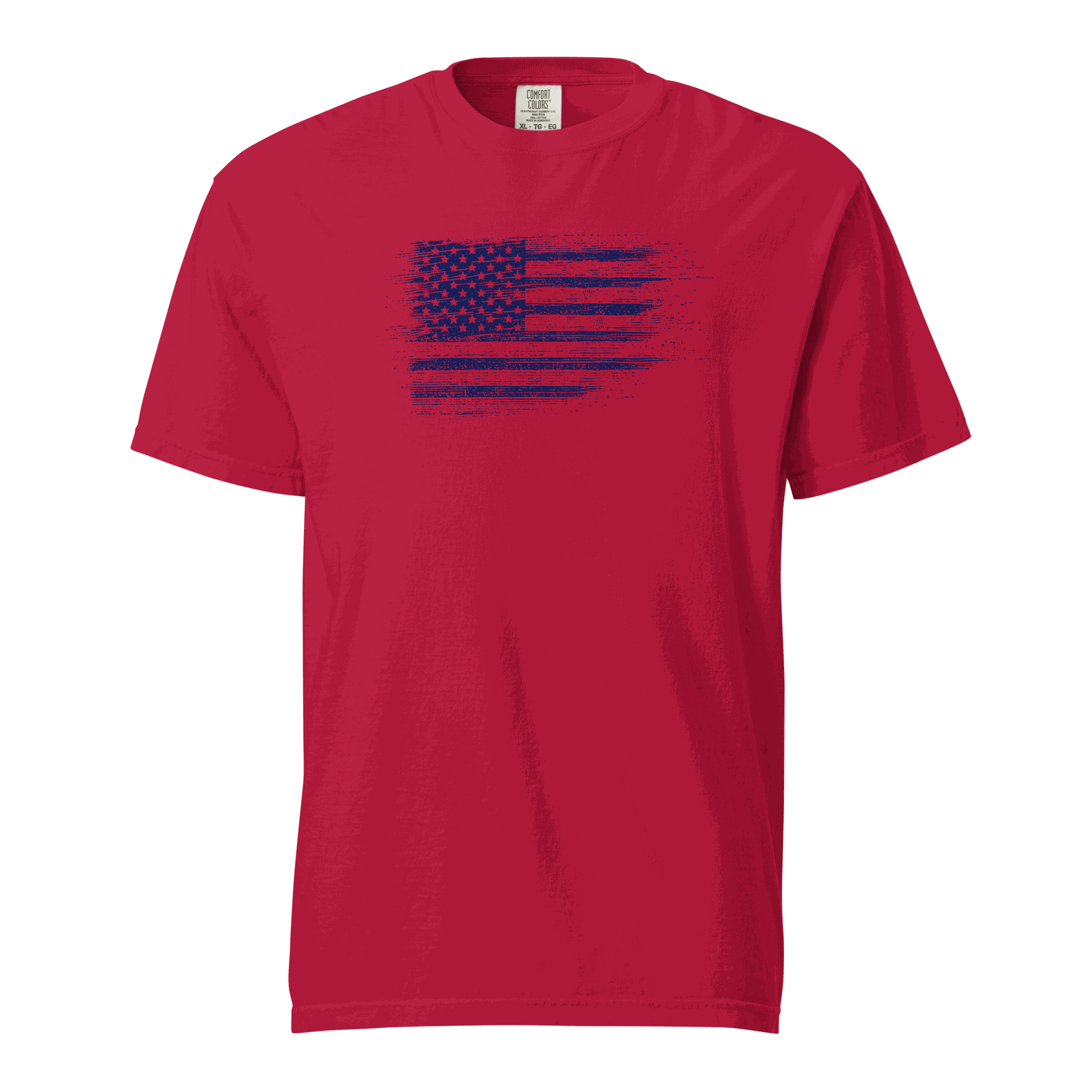 Red heavyweight unisex t-shirt with distressed USA flag graphic, 100% ring-spun cotton
