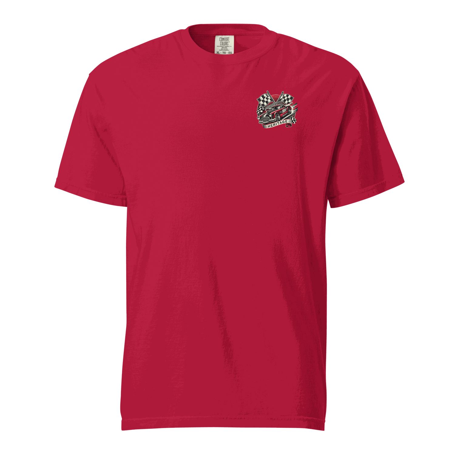 Heritage Classic Car red heavyweight unisex t-shirt with racing flag emblem