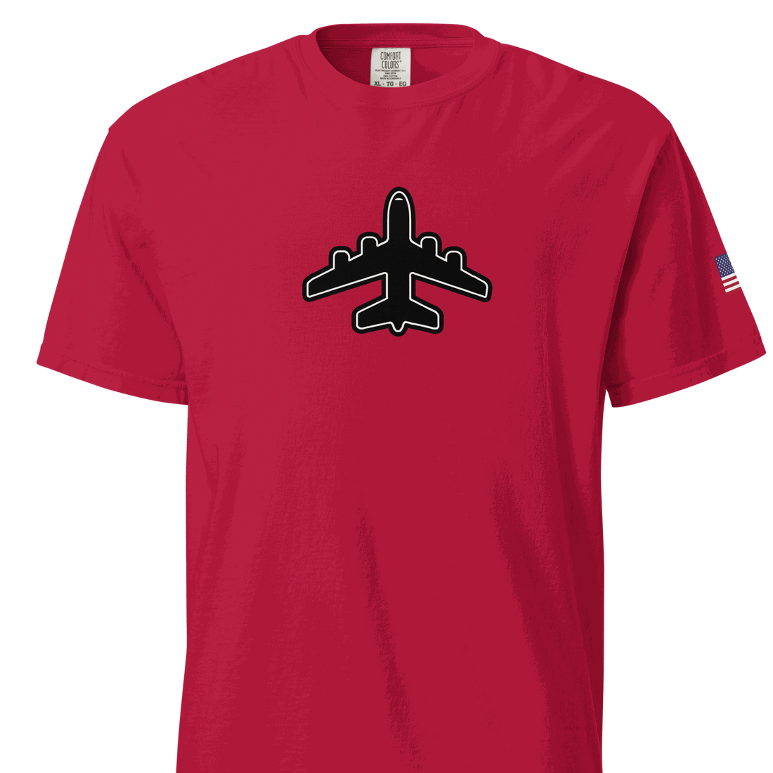 Red Jumbo Jet Unisex heavyweight garment-dyed cotton t-shirt with airplane graphic and American flag on sleeve