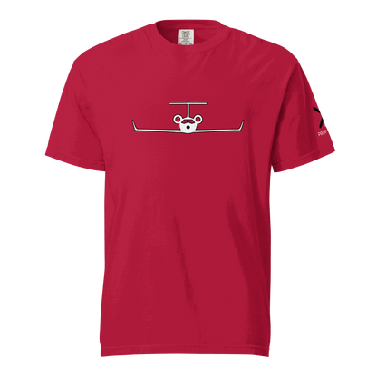 Red unisex heavyweight cotton t-shirt with private jet graphic on front and durable double-needle stitching