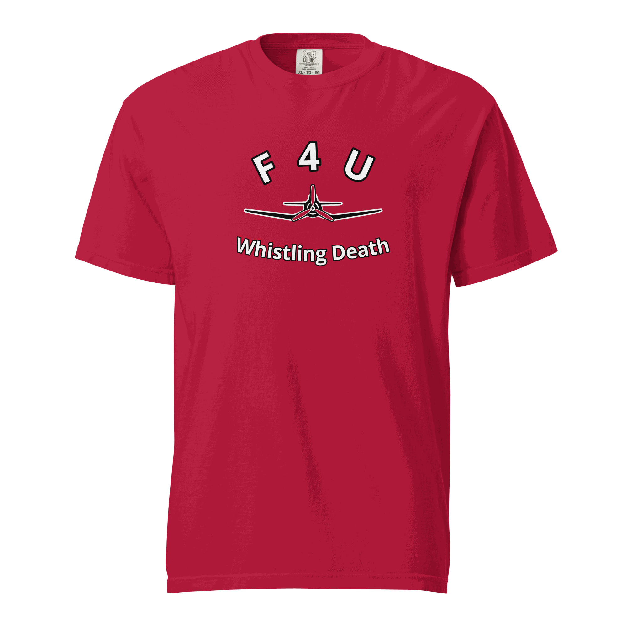 F4U Whistling Death red heavyweight cotton t-shirt with airplane graphic and text design