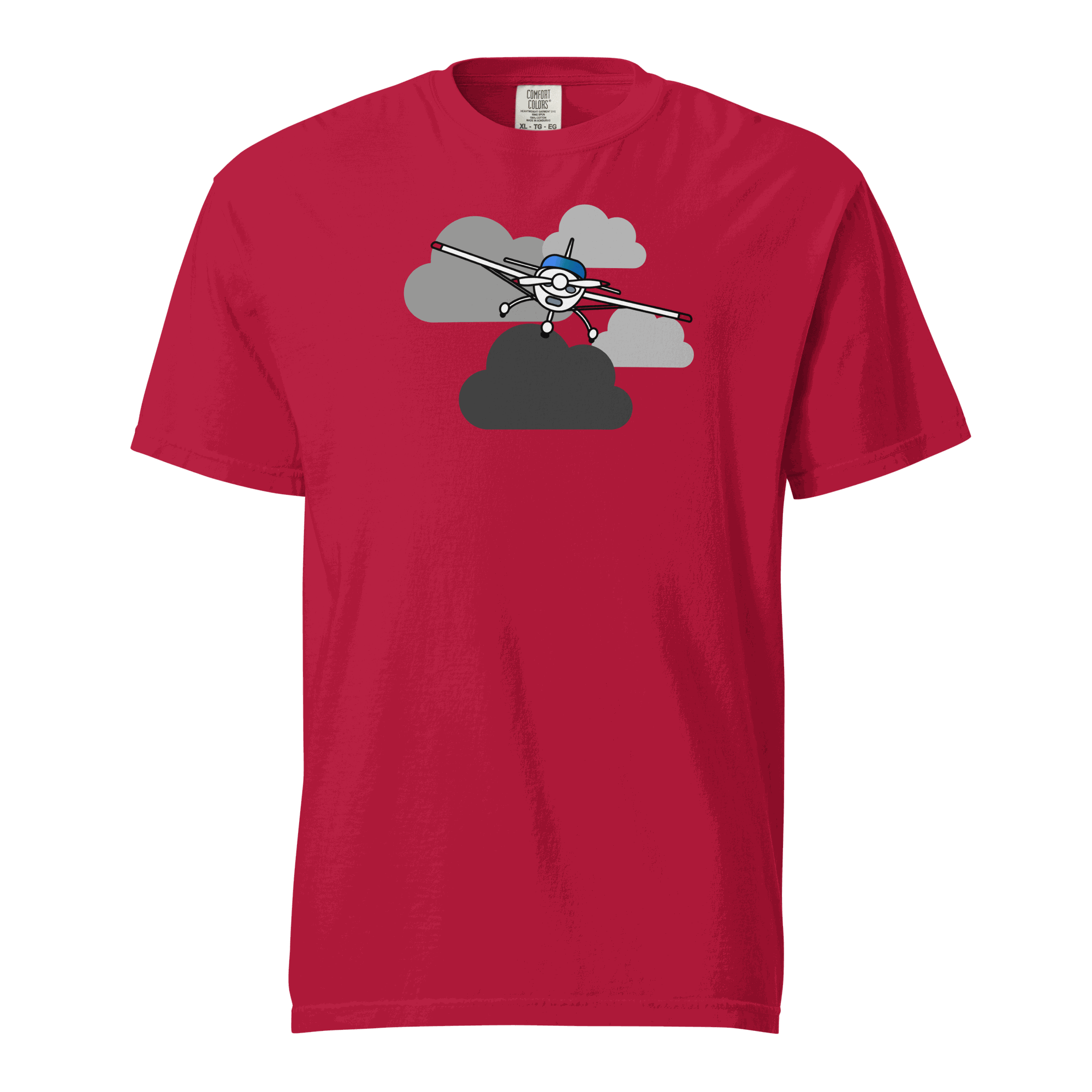 Red unisex vintage airplane t-shirt with prop plane graphic in clouds, 100% ring-spun cotton, heavyweight breathable fabric