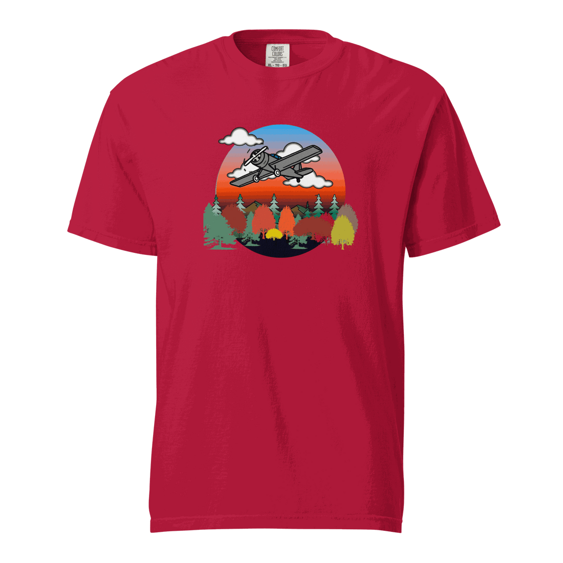 Red unisex plane t-shirt with prop plane and fall forest graphic design