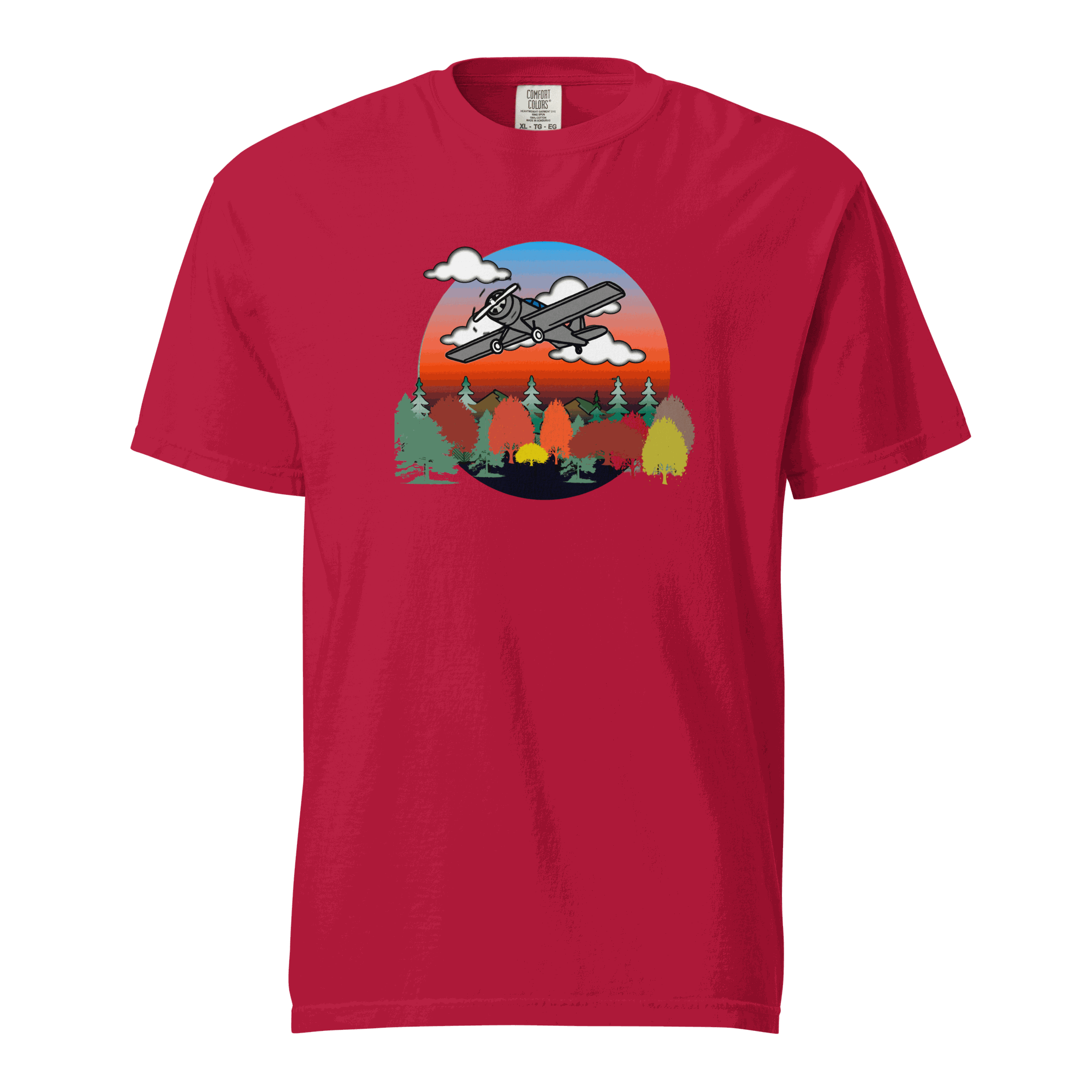 Red unisex plane t-shirt with prop plane and fall forest graphic design