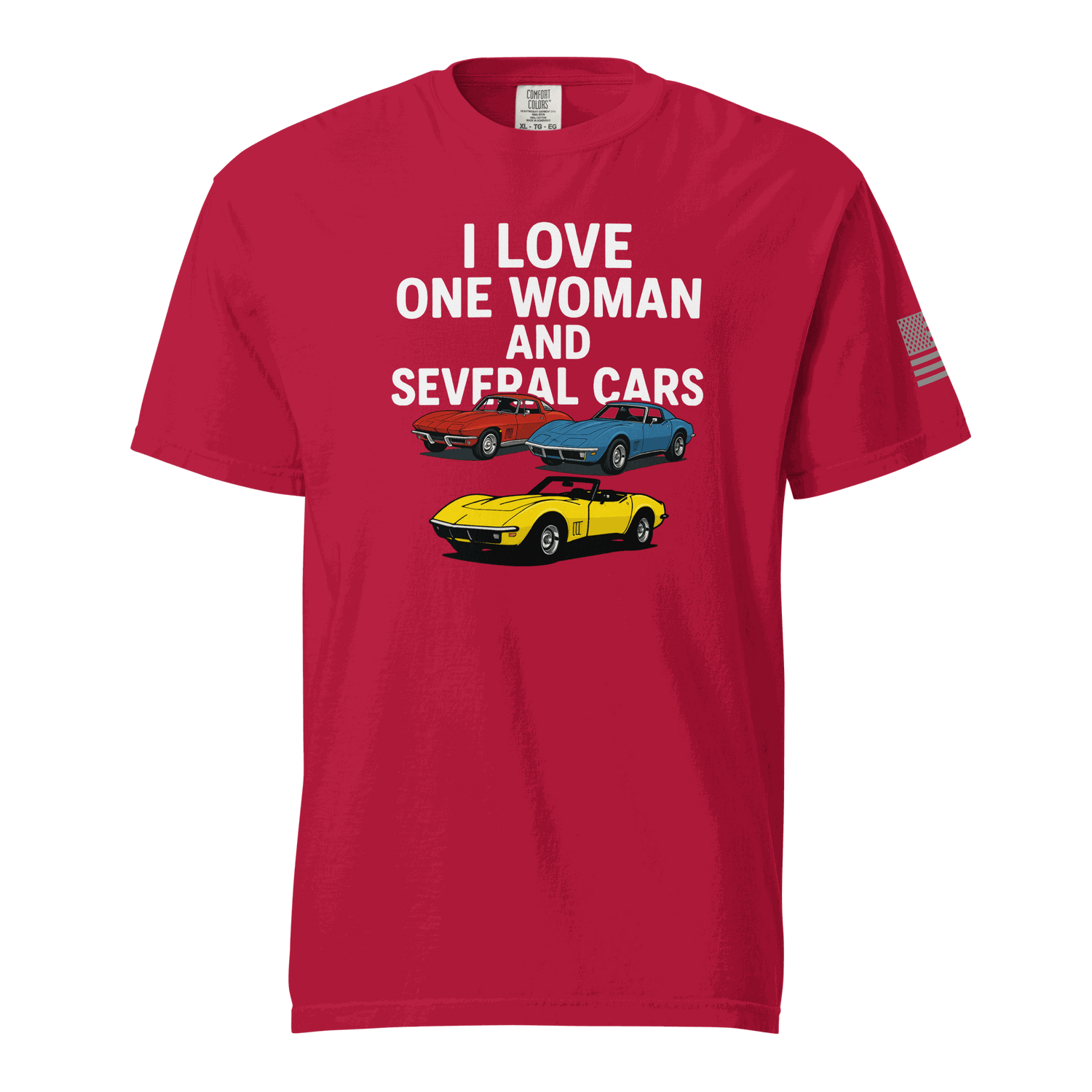 Funny t-shirt with "I love one woman and several cars" text and car illustrations on red cotton fabric
