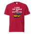 Funny t-shirt with "I love one woman and several cars" text and car illustrations on red cotton fabric